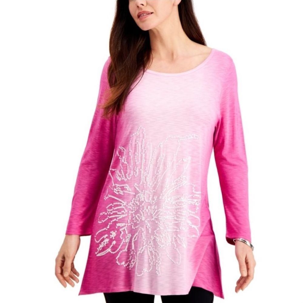 JM Collection Ombre‎ Sequin Flower Tunic Shirt Pink Large